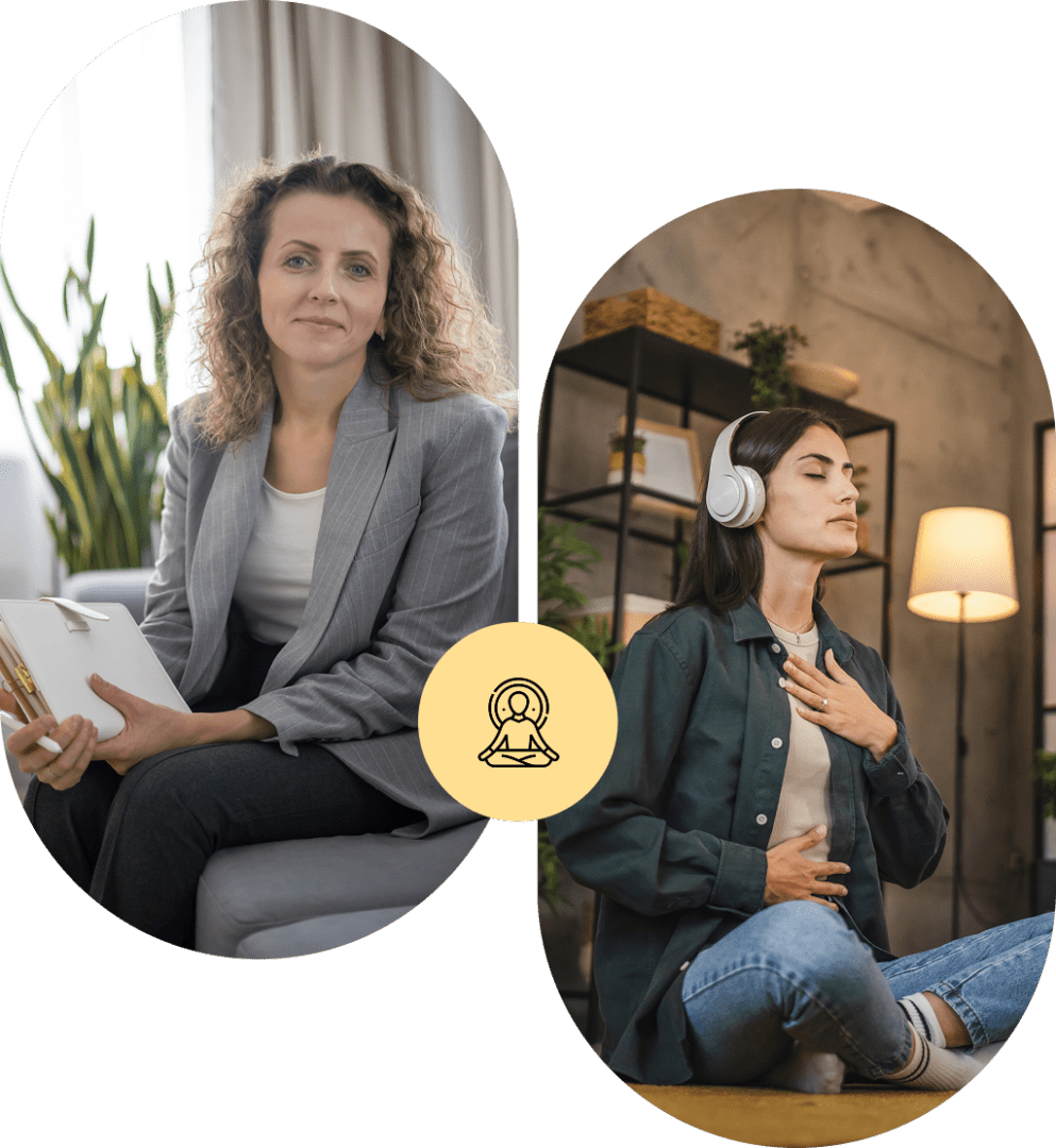 A woman in a blazer holds a notebook, while another woman with headphones sits cross-legged, eyes closed, and hand on chest in a relaxed indoor setting.