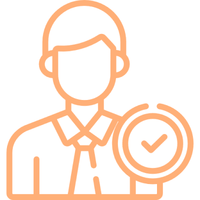 Outline icon of a person wearing a tie with a checkmark inside a circle beside them, suggesting approval or verification.